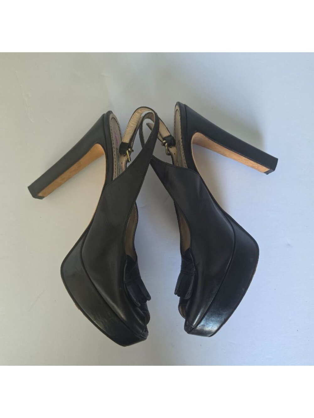 Porta Borsari Black Leather Slingback Heels Peep Toe Fringe Pumps Old Money Sz 9